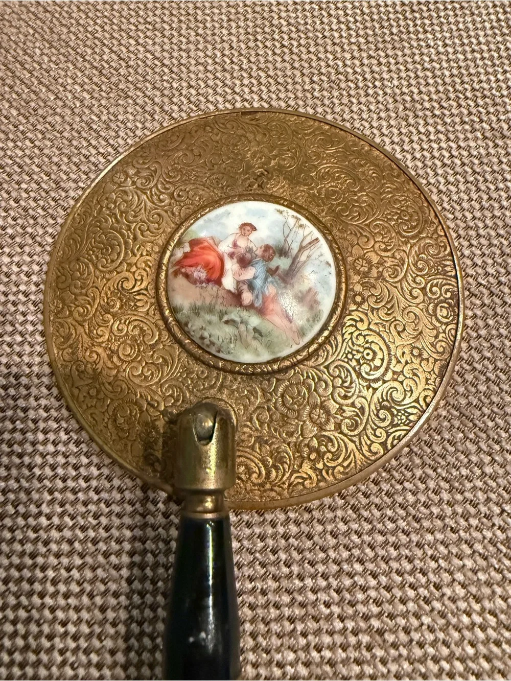 Vtg Womens Brass Handheld Mirror w painted courting scene